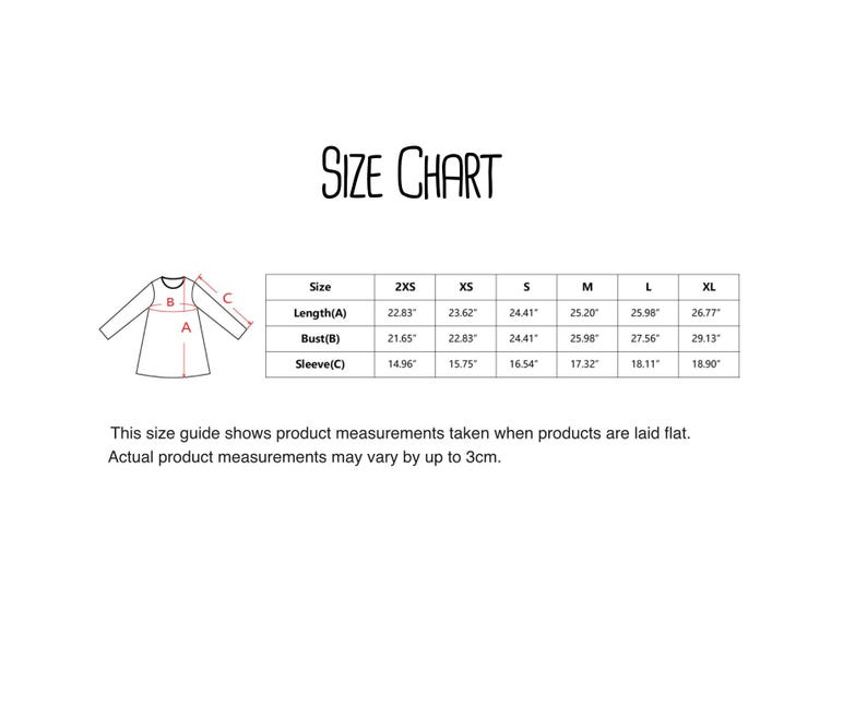 a size chart for a dress, with measurements for different sizes (XS, S, M, L, XL) and corresponding bust sizes (B, A).