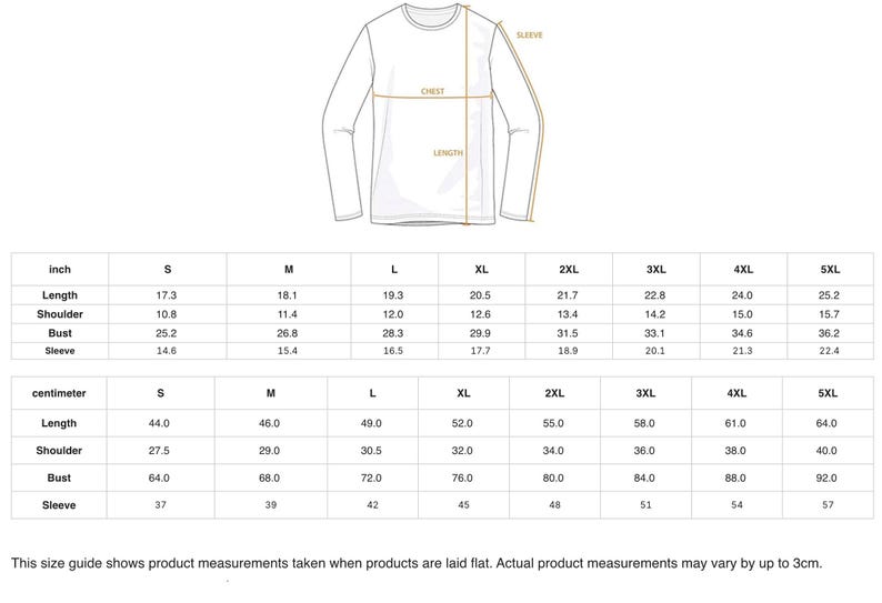 a size guide for a long-sleeved shirt, providing measurements for different body sizes.