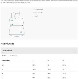 a size chart for a product, which provides measurements for different sizes based on the brand 'XS', 'S', 'M', and 'L'. The chart includes the brand letter 'A', 'B', 'C', and 'D' for each size, along with the corresponding measurements in inches and centimeters. The chart is designed to help customers find their size based on the brand and size labels provided.