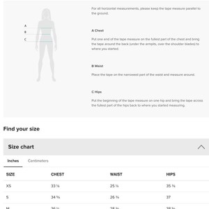 a person wearing a size guide for various measurements, such as chest, waist, hips, and shoulders.