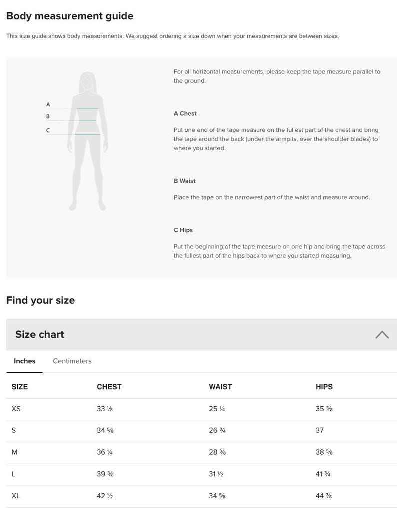 a person wearing a size guide for various measurements, such as chest, waist, hips, and shoulders.