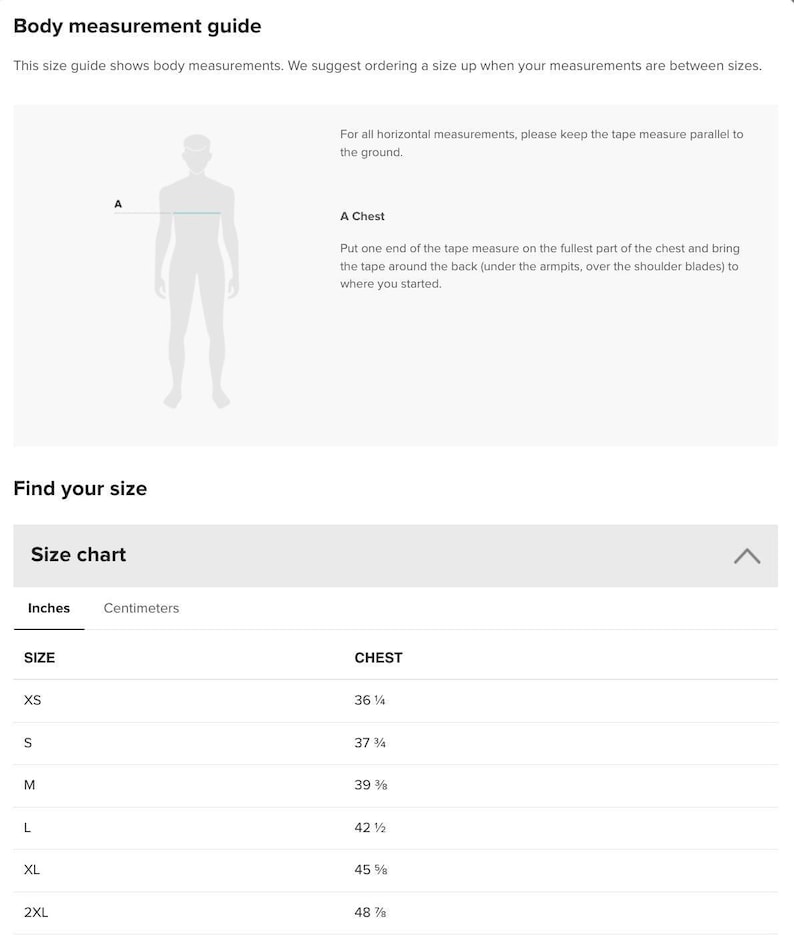 a screen shot of a body measurement guide