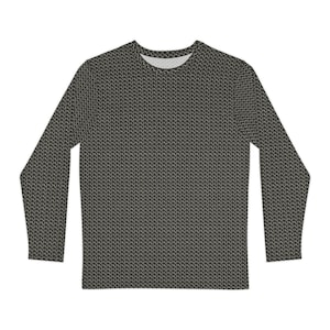 May include: A long-sleeve crew neck shirt featuring an all-over dark gray and black chainmail pattern. The garment has a standard fit with long sleeves and a rounded neckline, displaying a repeating metallic link texture across the entire surface.