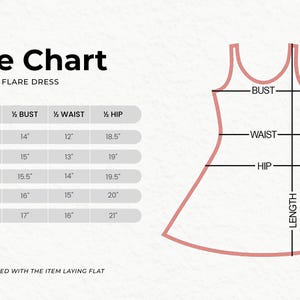 The image is a size chart for a flared dress, showing the measurements for different body types.