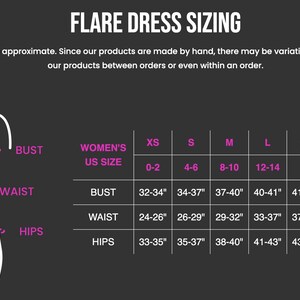 The image is a size chart for a clothing item, specifically a dress. It shows the bust, waist, hips, and waist measurements for different sizes, ranging from 0-2 to 16. The chart provides a visual representation of the size variations for the product, allowing customers to choose the most suitable size based on their measurements.