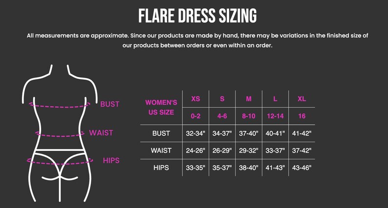 The image is a size chart for a clothing item, specifically a dress. It shows the bust, waist, hips, and waist measurements for different sizes, ranging from 0-2 to 16. The chart provides a visual representation of the size variations for the product, allowing customers to choose the most suitable size based on their measurements.