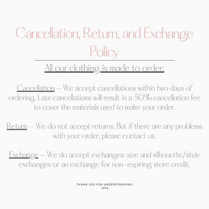Op de afbeelding: Witte achtergrond met tekst in een zachte, roodachtig bruine kleur. De tekst luidt "Annulerings-, Retour- en Ruilbeleid". Hieronder staat dat alle kleding op bestelling wordt gemaakt en worden de beleidsregels beschreven.