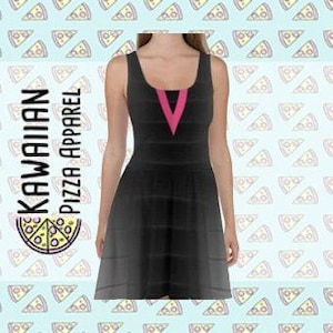 May include: Black sleeveless dress with a pink V-shaped neckline and a layered skirt.