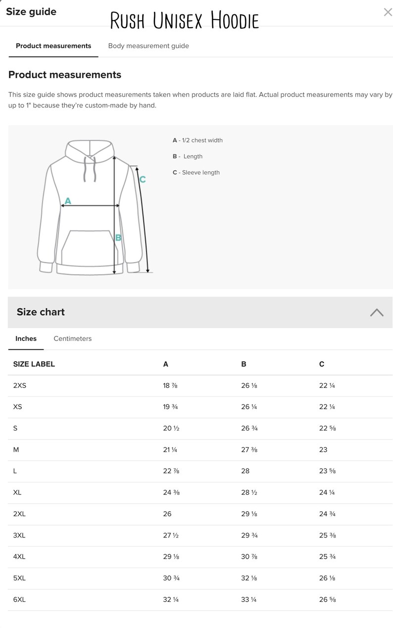 Puede incluir: Tabla de tallas para una sudadera con capucha unisex en varios tama&ntilde;os, desde 2XS hasta 6XL. La tabla muestra las medidas en pulgadas para la mitad del ancho del pecho, la longitud y la longitud de la manga.