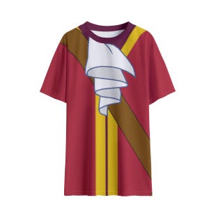May include: A short-sleeved t-shirt featuring a red base color with a diagonal brown sash and two vertical yellow stripes. A white, ruffled cravat graphic is printed centrally on the chest, extending from the round neckline downward.