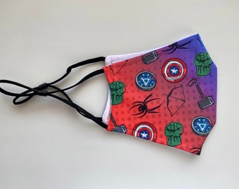 Superhero Inspired Face Mask: Washable Polyester, Filter Pocket