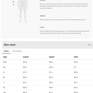 Puede incluir: Tabla de tallas para una sudadera con capucha unisex con medidas en pulgadas para el pecho, la cintura y las caderas. Las tallas van desde la 2XS hasta la 6XL.