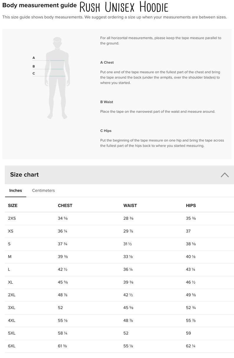 Puede incluir: Tabla de tallas para una sudadera con capucha unisex con medidas en pulgadas para el pecho, la cintura y las caderas. Las tallas van desde la 2XS hasta la 6XL.