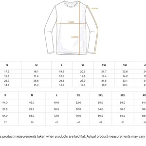 a size guide for a long-sleeved shirt, providing measurements for different body sizes.