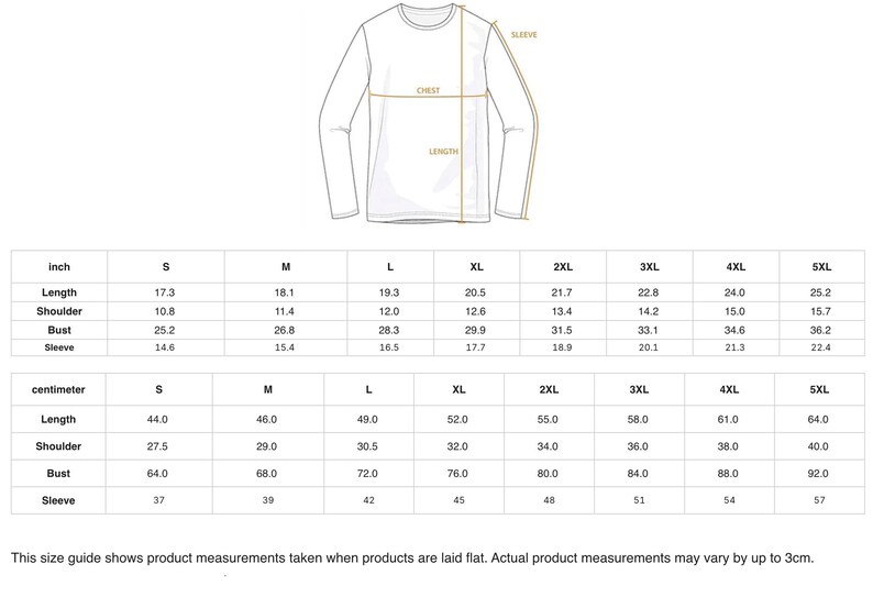 a size guide for a long-sleeved shirt, providing measurements for different body sizes.