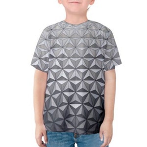 May include: A white and gray t-shirt with a geometric pattern of triangles. The pattern is reminiscent of a geodesic dome.