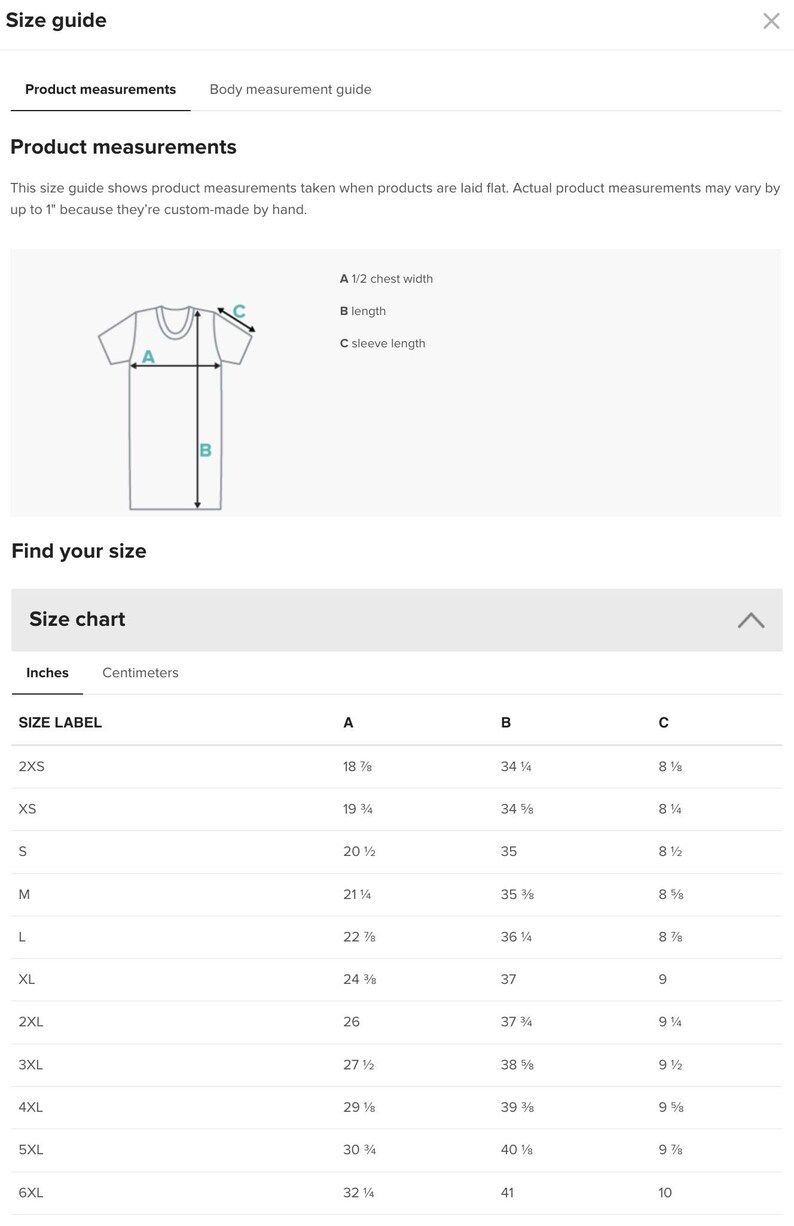 a product measurement guide for a T-shirt, with a chart of measurements and corresponding size labels.