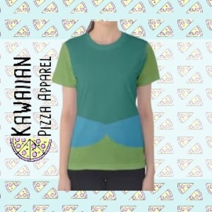 May include: A teal and green t-shirt with a blue accent design. The shirt has short sleeves and a crew neck. The text "KAWAIIAN PIZZA APPAREL" is printed vertically on the left side of the shirt.