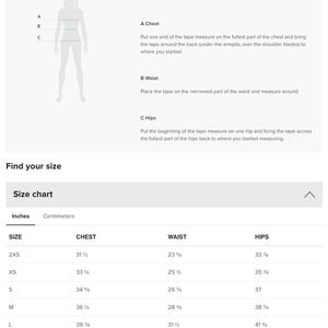 a size chart for various body measurements, including chest, waist, hips, and legs. The chart provides specific measurements for different body types, such as XS, S, M, L, and 5XL, as well as a size guide that suggests ordering a size when measurements are between sizes A and B.