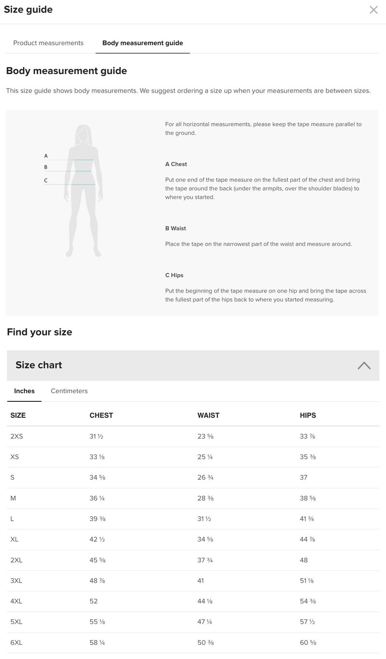 a size chart for various body measurements, including chest, waist, hips, and legs. The chart provides specific measurements for different body types, such as XS, S, M, L, and 5XL, as well as a size guide that suggests ordering a size when measurements are between sizes A and B.