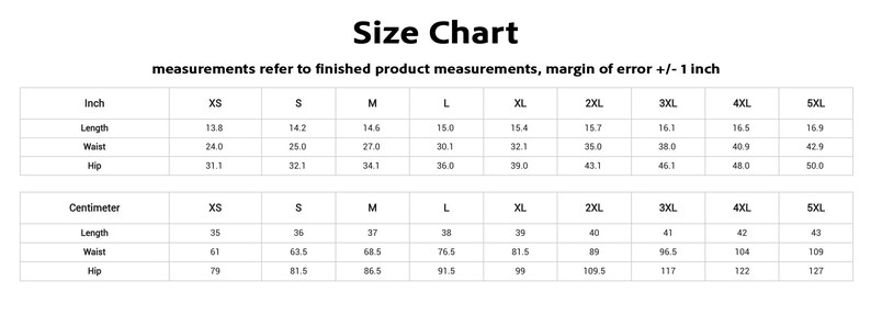 a size chart with measurements for various clothing items such as waist, hip, and waistband. The chart provides the measurements in inches and their corresponding sizes, including XS, S, M, L, XL, and 3XL. The chart also includes a margin of error of +1 inch.