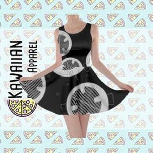 May include: Black skater dress with a white repeating pattern of a spaceship. The dress has a sleeveless design and a fitted bodice.