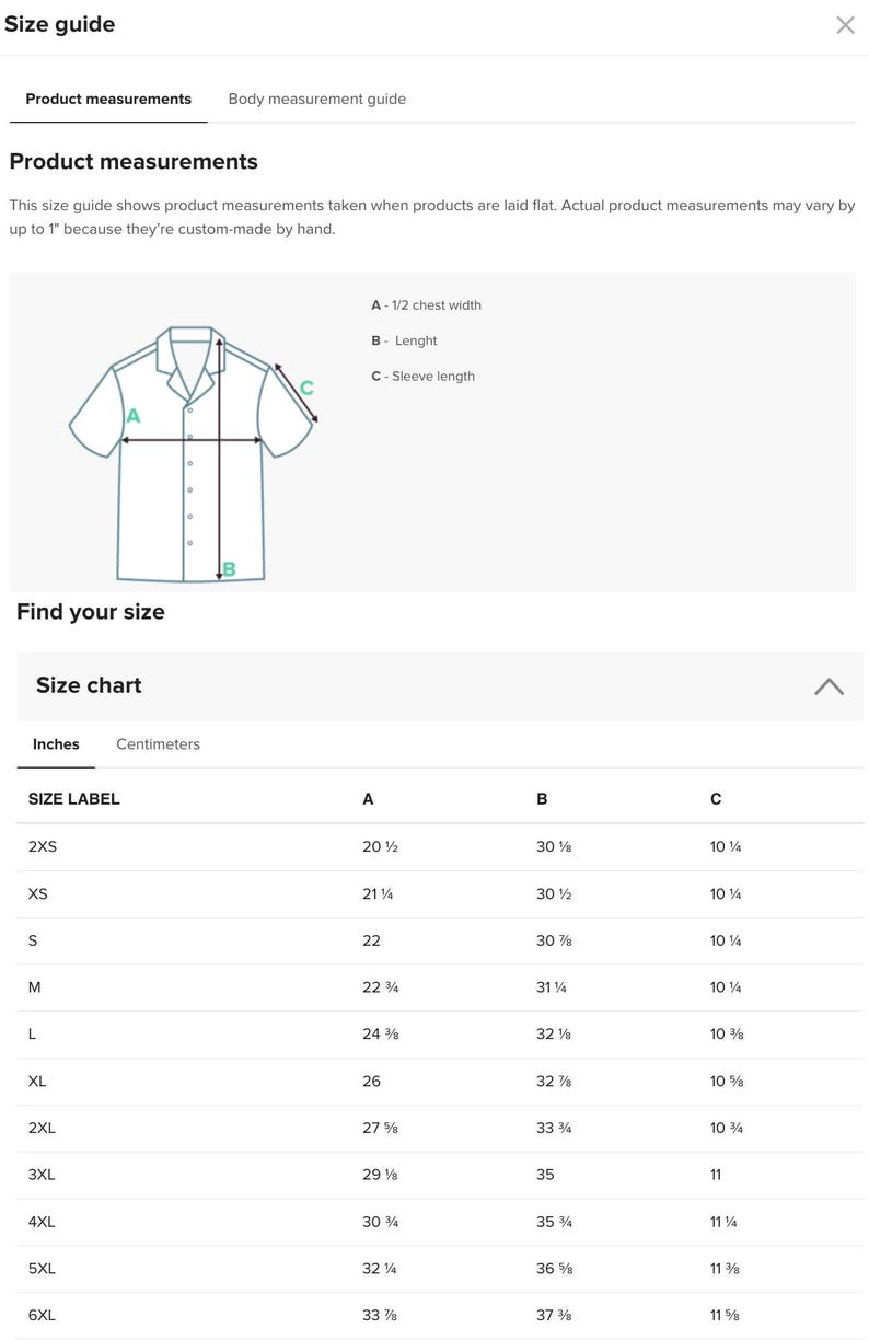 May include: A size guide with product measurements for clothing. The guide includes a diagram of a shirt with labeled measurements for chest width, length, and sleeve length. A size chart in inches is also provided.