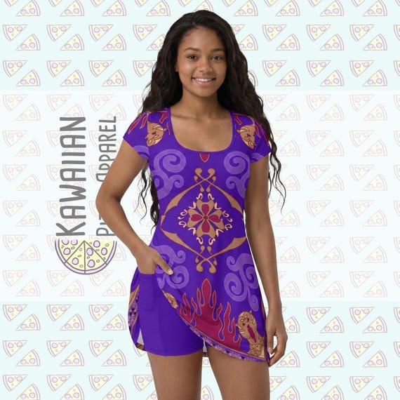 womens purple athletic dress Magic Carpet Inspired Short Sleeve Athletic Dress with attached shorts