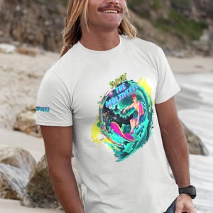 Surfin’ the Multiverse Organic Cotton T-Shirt: Retro Cosmic Surf Tee