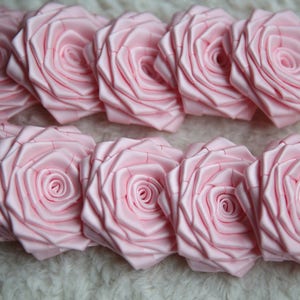 10 Handmade Double Face Satin Ribbon Roses In Light Pink (2.5 inches). Ready To Ship.
