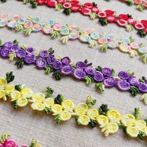 Floral Embroidered Lace Trim – Colorful Triple rosebud Appliqué Ribbon for DIY Crafts, Sewing,and Decoration. sold by yard.