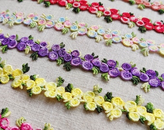 Floral Embroidered Lace Trim – Colorful Triple rosebud Appliqué Ribbon for DIY Crafts, Sewing,and Decoration. sold by yard.