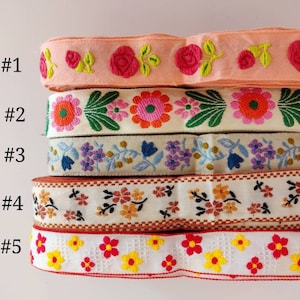 1" Width Embroidered flowers pattern lace trim, jacquard woven ribbon, sewing ribbon. Sold by Yard.