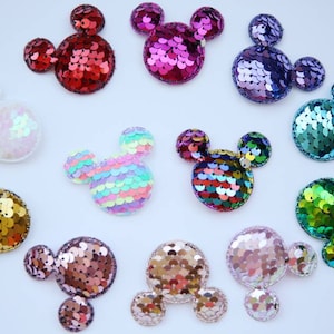 4 pcs Mickey Mouse glitter sequin padded patches in multiple colors. Glitter sequin embellishments.