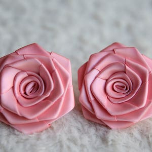 2 Handmade Double Faced Satin Ribbon Roses In Pink (2 inches). Ready To Ship