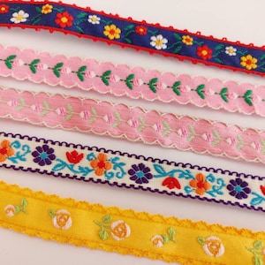 1.5 cm Width Embroidered flowers pattern lace trim, jacquard woven ribbon, sewing ribbon. Sold by Yard.