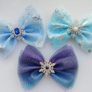 Frozen Elsa Princess Hair Bow clip.Sparkling Glitter Snowflake. Big 5" Hair Bow.Girls/Baby/Toddler Hair Clips. Birthday Party Gift.