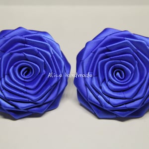 2 pcs Handmade Double Face Satin Ribbon Roses In Royal Blue (2.5 inches). Ready To Ship.