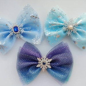 Frozen Elsa Princess Hair Bow clip.Sparkling Glitter Snowflake. Big 5" Hair Bow.Girls/Baby/Toddler Hair Clips. Birthday Party Gift.