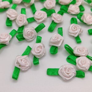 20pcs Handmade Satin Ribbon Rosebud With Leaves In Sideshow Rose. Super High quality ribbon roses. Mini rosebud embellishments.