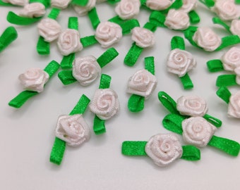 20pcs Handmade Satin Ribbon Rosebud With Leaves In Sideshow Rose. Super High quality ribbon roses. Mini rosebud embellishments.