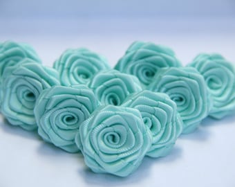 10 Small Handmade Double Face Satin Ribbon Roses In Aqua Blue(1 inches), Ready To Ship