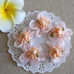 Clearance—5pcs Organza Fabric Flowers In Pink with Peach flowers (1.5 inches). Doll Making Embellishments, Costume Notions.