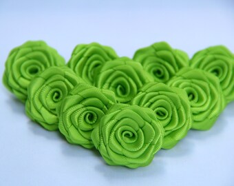 10 Mini Handmade Satin Ribbon Roses In Apple green (1 inches), Ready To Ship