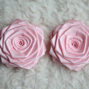 2 Pcs Handmade Double Face Satin Ribbon Roses In Light Pink (2.5 inches). Ready To Ship.