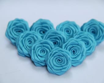 10 Small Handmade Double Face Satin Ribbon Roses In Turquoise blue(1 inches), Ready To Ship