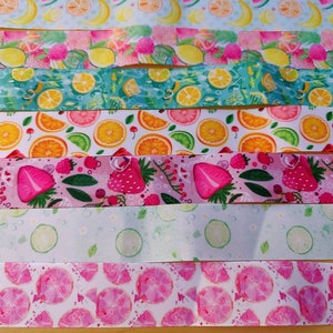 1-1/2&quot; Printed Grosgrain Ribbon Summer Fruit Ribbon. Stawberry/Orange/Lemon/ Banana/Tropical Fruit Ribbons. Sold by the yard.