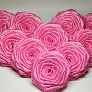 10 Handmade Double Face Satin Ribbon Roses In Hot Pink (2.5 inches). Ready To Ship.