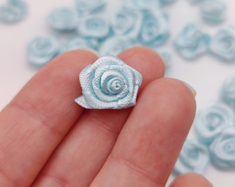20 pcs Small Handmade Satin Ribbon Roses In Light Blue. 5/8 inches light blue roses.