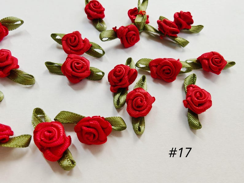 20 Pcs Tiny Handmade Satin Ribbon Roses With Leaves in Multiple Color ...